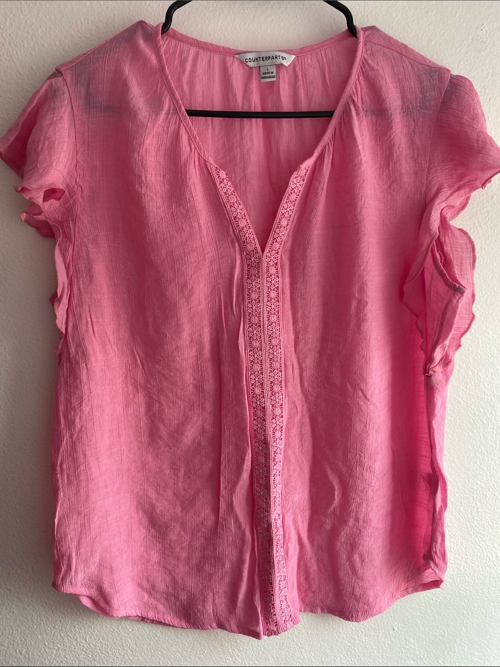 Counterparts Bright Pink V-Neck Lace-Trim Blouse